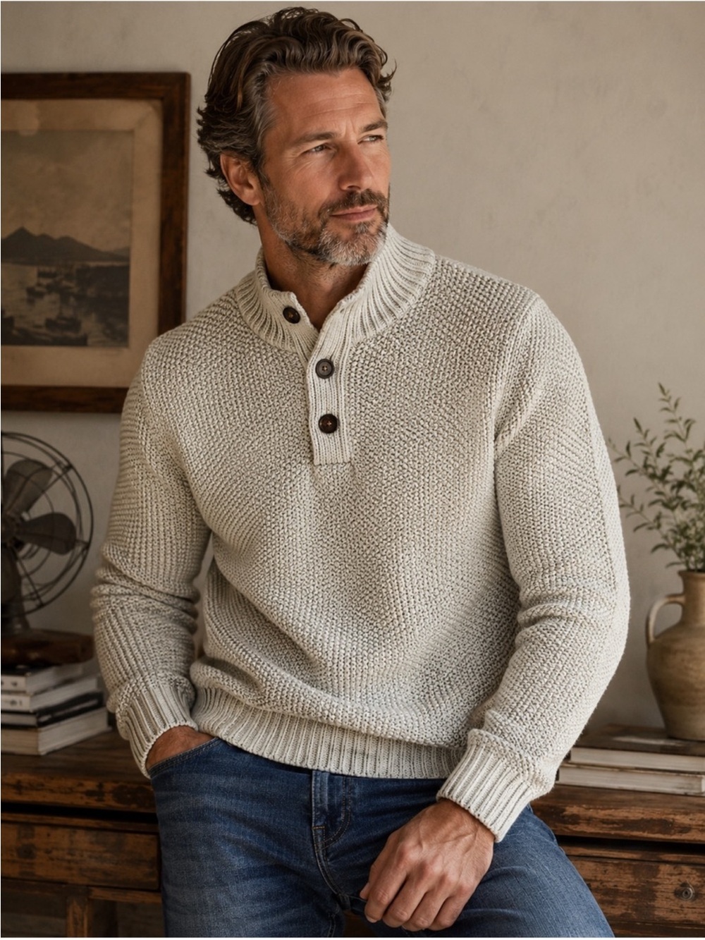 Vintage Men’s Mint Green 3 Button Cowl Neck Fisherman Sweater Pullover XL